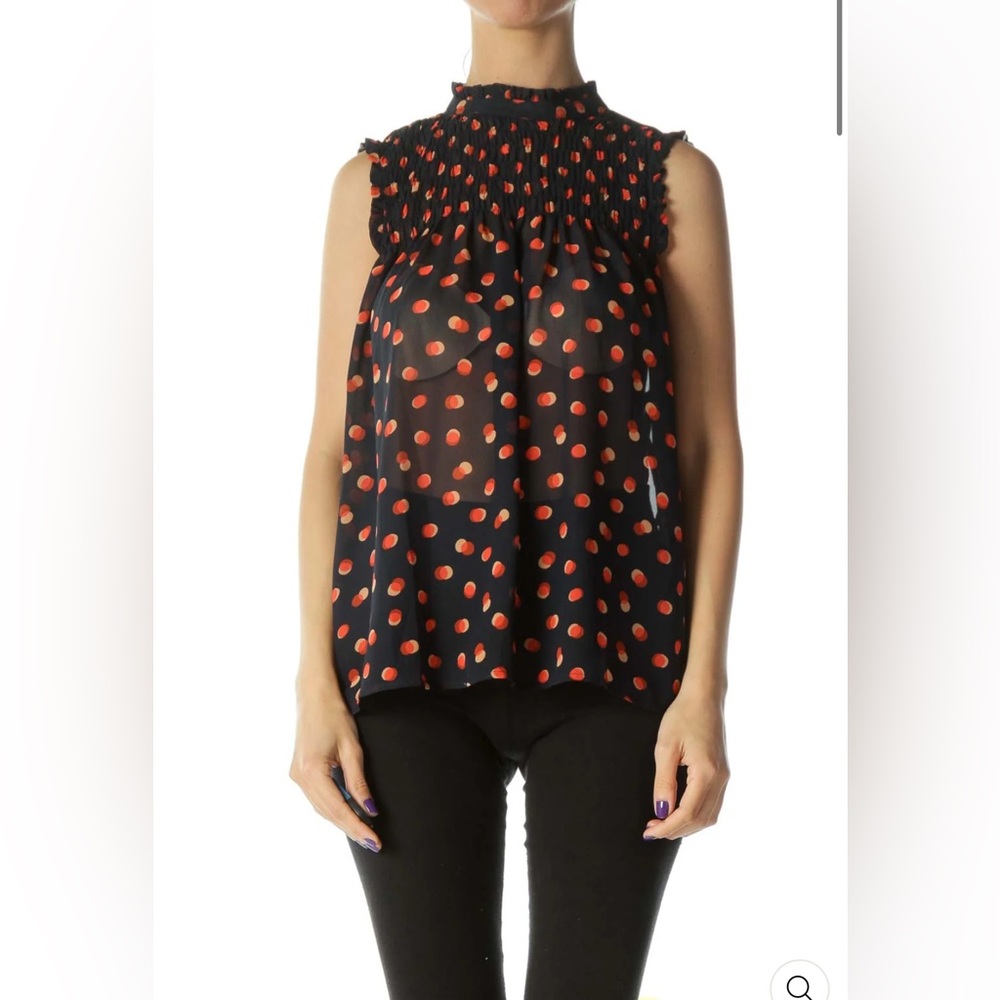 MAEVE
Navy & Orange Polka-Dotted Ruffled High-Neck Sleeveless Translucent Blouse